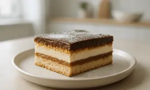 Pyszne ciasto 3 bit z warstwami biszkoptu, kremu i karmelu, polane czekoladą i posypane cukrem pudrem.
