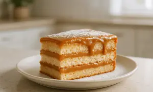 Pyszne ciasto krówka bez pieczenia, z kremowym nadzieniem i polewą karmelową, posypane cukrem pudrem.