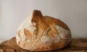 Chrupiący, złocisty zakwas pszenny z wyrazistym nacięciem i wzorem na skórce, ułożony na drewnianej desce.