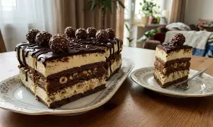 Pyszne, wielowarstwowe ferrero rocher ciasto z orzechami i kremem, ozdobione czekoladą i całymi pralinami.
