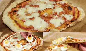 Pyszna pizza na cienkim cieście z serem i jajkiem. Idealna na szybki obiad.