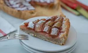 Pyszne ciasto z rabarbarem, posypane cukrem pudrem, na talerzyku z widelcem. W tle całe ciasto i świeże łodygi rabarbaru.