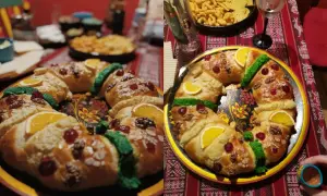 Tradycyjna rosca de reyes, ozdobiona owocami i orzechami, czeka na świętowanie.