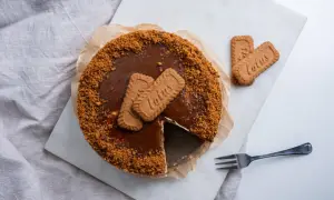 Pyszny sernik lotus bez pieczenia, udekorowany ciasteczkami Lotus. Idealny deser na każdą okazję.