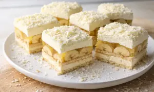 Pyszne ciasto z kremem i bananami, udekorowane wiórkami białej czekolady. Idealne na deser!
