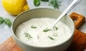 Kremowy sos tzatziki z koperkiem i cytryną, gotowy do podania.
