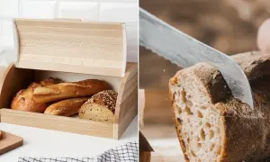 Drewniany chlebak pełen świeżego pieczywa. Czy chleb można trzymać w lodówce? Zobacz, jak najlepiej przechowywać chleb.