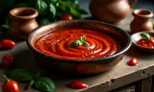 Gęsty, aromatyczny sos do pizzy w misce, ozdobiony listkiem bazylii. Obok świeże pomidorki i gliniane naczynia.