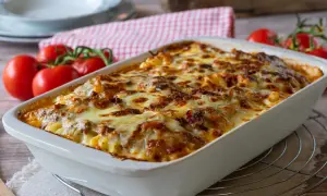 Pyszna zapiekanka z mięsem mielonym, makaronem i ciągnącym się serem, gotowa do podania.