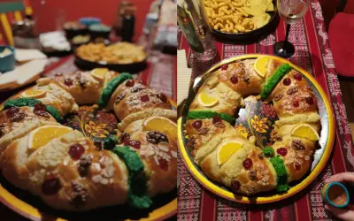Tradycyjna rosca de reyes, ozdobiona owocami i orzechami, czeka na świętowanie.