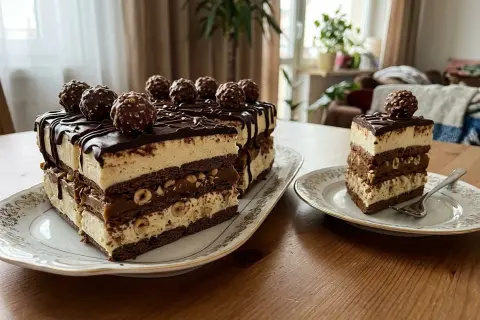 Pyszne, wielowarstwowe ferrero rocher ciasto z orzechami i kremem, ozdobione czekoladą i całymi pralinami.