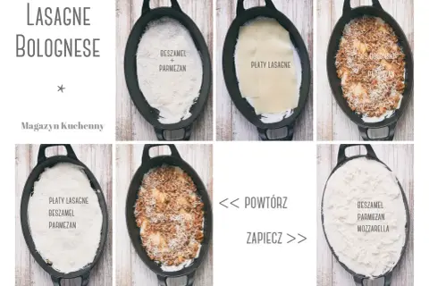 Krok po kroku: lasagne bolognese. Warstwy beszamelu, parmezanu, płatów lasagne i sosu bolognese układane w naczyniu.