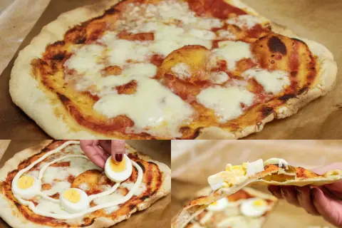 Pyszna pizza na cienkim cieście z serem i jajkiem. Idealna na szybki obiad.