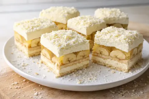 Pyszne ciasto z kremem i bananami, udekorowane wiórkami białej czekolady. Idealne na deser!