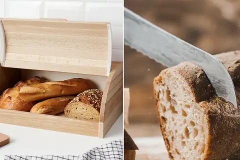 Drewniany chlebak pełen świeżego pieczywa. Czy chleb można trzymać w lodówce? Zobacz, jak najlepiej przechowywać chleb.
