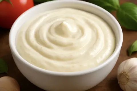 Gładki, kremowy sos aioli w białej miseczce, obok czosnek, pomidor i bazylia.