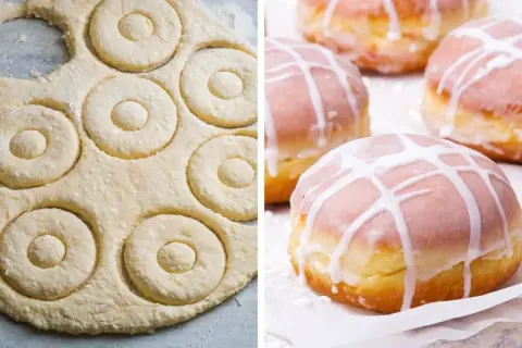 Wycinanie kółek z ciasta na pączki z piekarnika. Obok gotowe, lukrowane pączki.