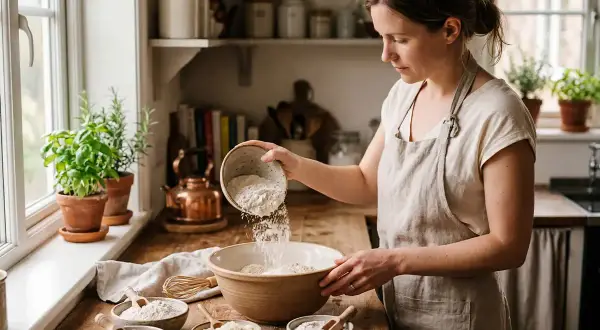 Kobieta w fartuchu wsypuje mąkę do miski. Szuka alternatywy dla mąki manitoba? Na blacie stoją miseczki z różnymi rodzajami mąki.