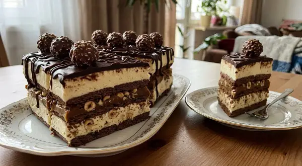 Pyszne, wielowarstwowe ferrero rocher ciasto z orzechami i kremem, ozdobione czekoladą i całymi pralinami.
