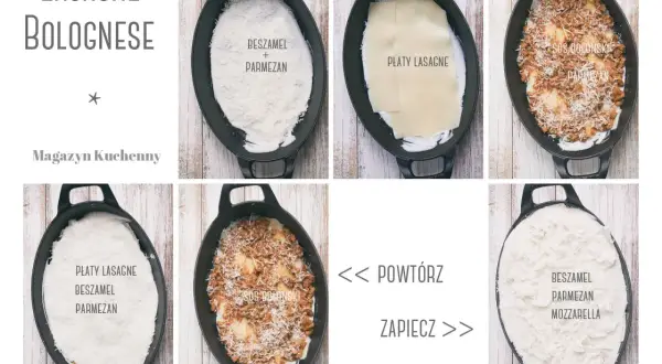 Krok po kroku: lasagne bolognese. Warstwy beszamelu, parmezanu, płatów lasagne i sosu bolognese układane w naczyniu.