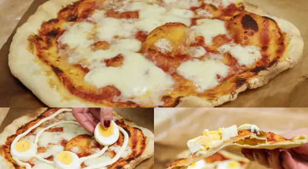 Pyszna pizza na cienkim cieście z serem i jajkiem. Idealna na szybki obiad.