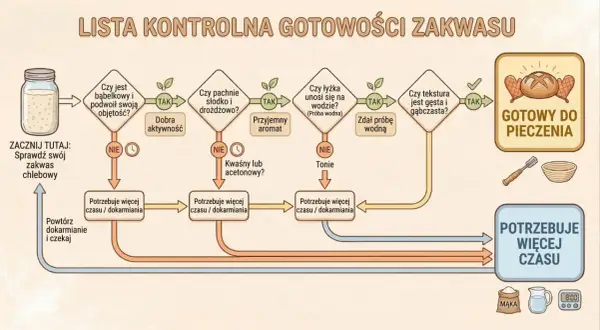 Schemat jak dokarmiać zakwas na chleb. Sprawdź, czy jest bąbelkowy, pachnie drożdżowo i unosi się na wodzie. Jeśli nie, potrzebuje więcej czasu lub dokarmiania.