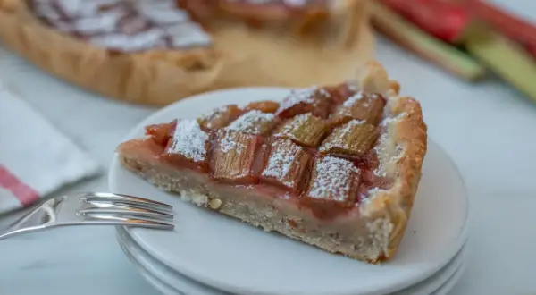 Pyszne ciasto z rabarbarem, posypane cukrem pudrem, na talerzyku z widelcem. W tle całe ciasto i świeże łodygi rabarbaru.