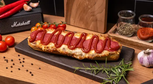 Pyszna zapiekanka z salami, posypana serem i polana ketchupem, prezentuje się apetycznie na desce. Obok czosnek, pomidorki i przyprawy.