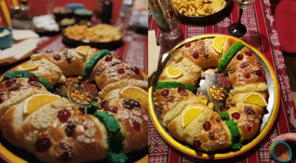 Tradycyjna rosca de reyes, ozdobiona owocami i orzechami, czeka na świętowanie.
