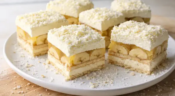 Pyszne ciasto z kremem i bananami, udekorowane wiórkami białej czekolady. Idealne na deser!