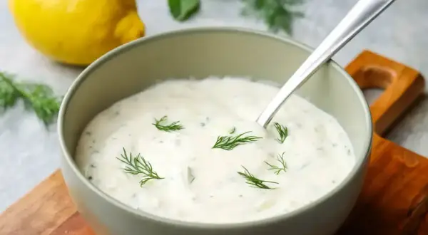Kremowy sos tzatziki z koperkiem i cytryną, gotowy do podania.