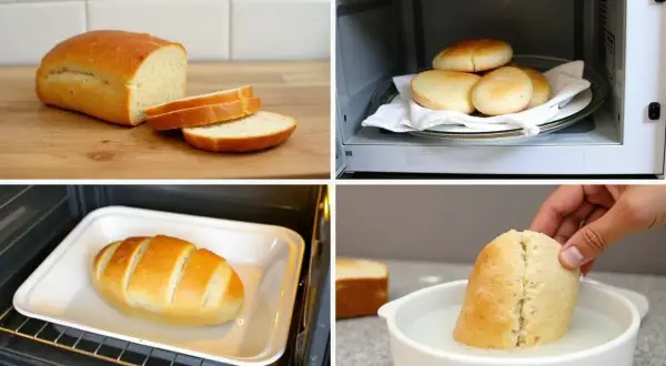Jak rozmrozić chleb: pokrojony bochenek, bułeczki w mikrofalówce, chleb w piekarniku, zanurzanie chleba w wodzie.