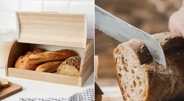 Drewniany chlebak pełen świeżego pieczywa. Czy chleb można trzymać w lodówce? Zobacz, jak najlepiej przechowywać chleb.