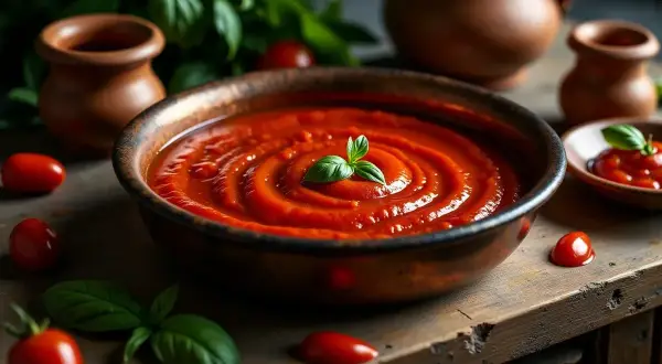 Gęsty, aromatyczny sos do pizzy w misce, ozdobiony listkiem bazylii. Obok świeże pomidorki i gliniane naczynia.