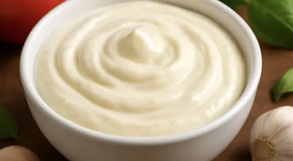 Gładki, kremowy sos aioli w białej miseczce, obok czosnek, pomidor i bazylia.