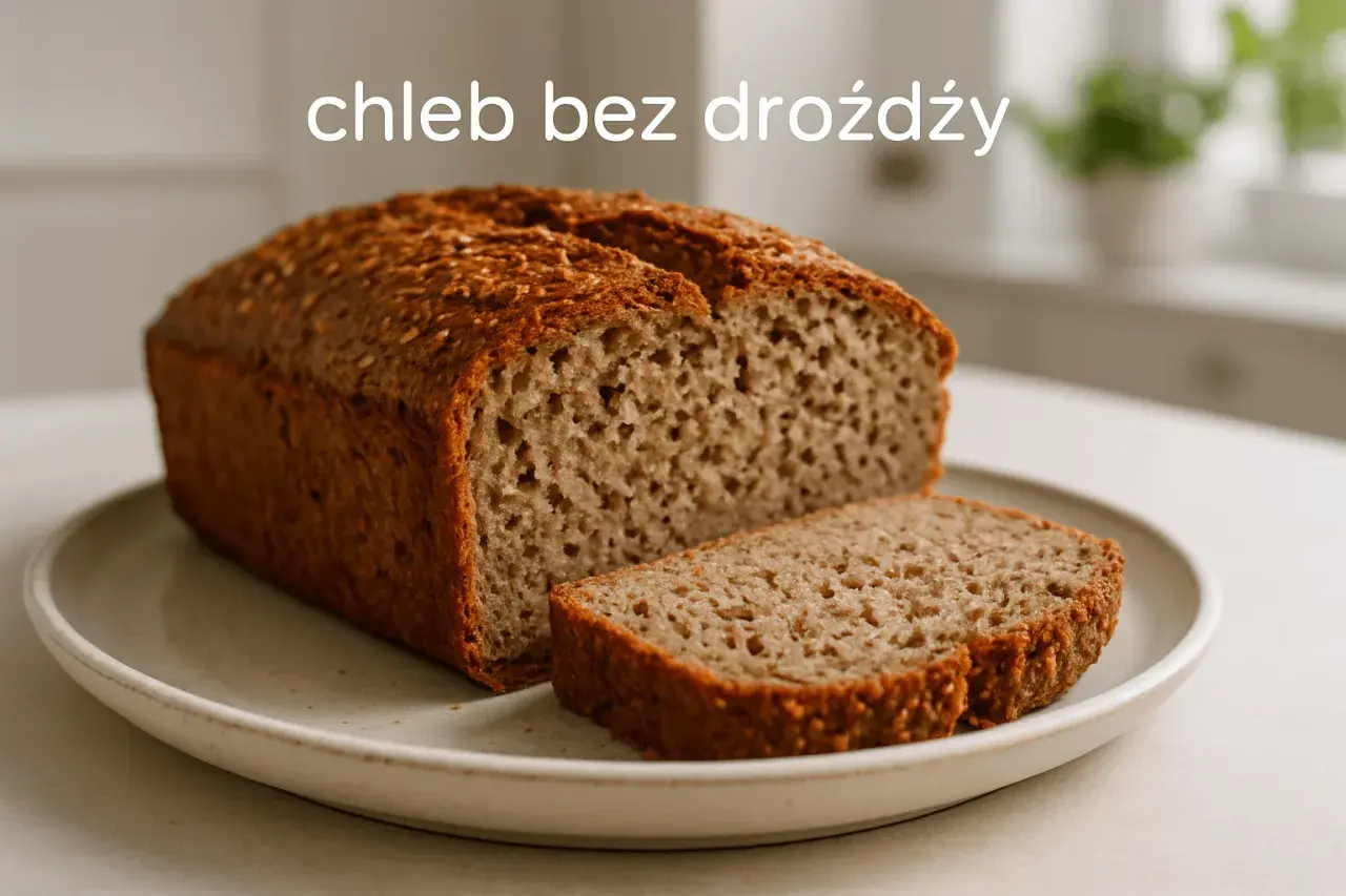 Chleb bez drożdży, przypominający wyglądem chleb irlandzki, z chrupiącą skórką i puszystym wnętrzem, pokrojony na talerzu.