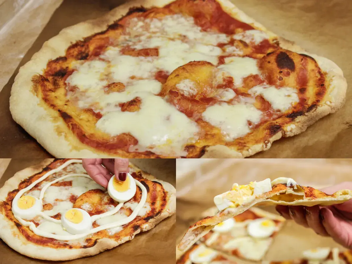 Pyszna pizza na cienkim cieście z serem i jajkiem. Idealna na szybki obiad.