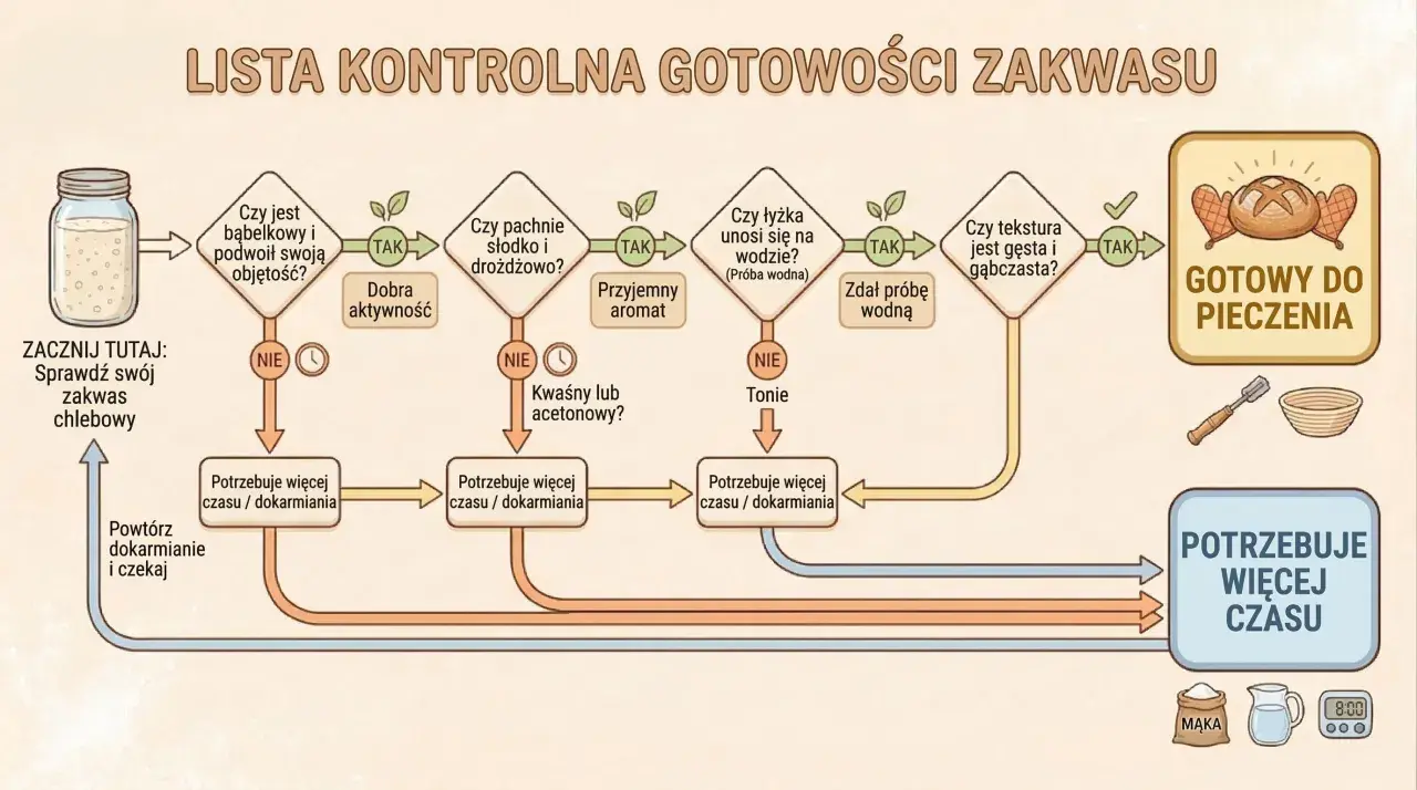 Schemat jak dokarmiać zakwas na chleb. Sprawdź, czy jest bąbelkowy, pachnie drożdżowo i unosi się na wodzie. Jeśli nie, potrzebuje więcej czasu lub dokarmiania.