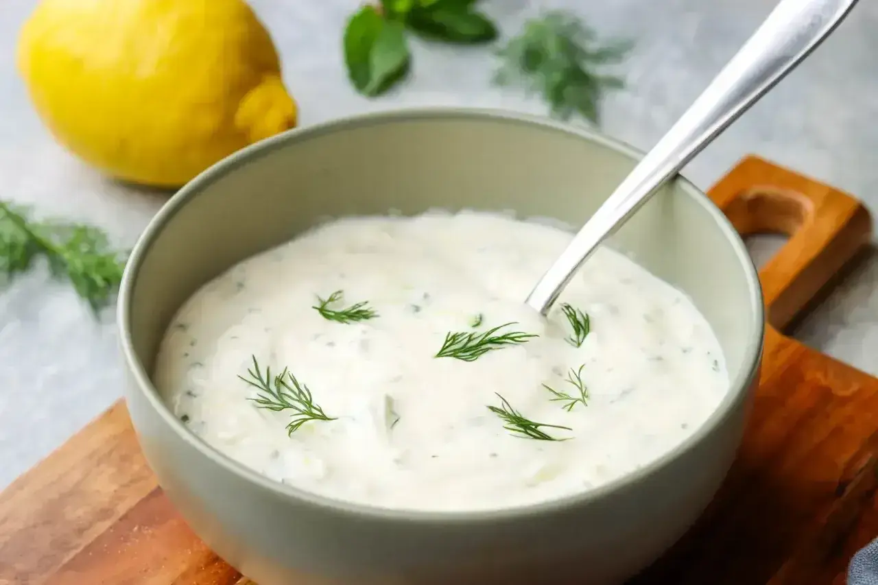 Kremowy sos tzatziki z koperkiem i cytryną, gotowy do podania.