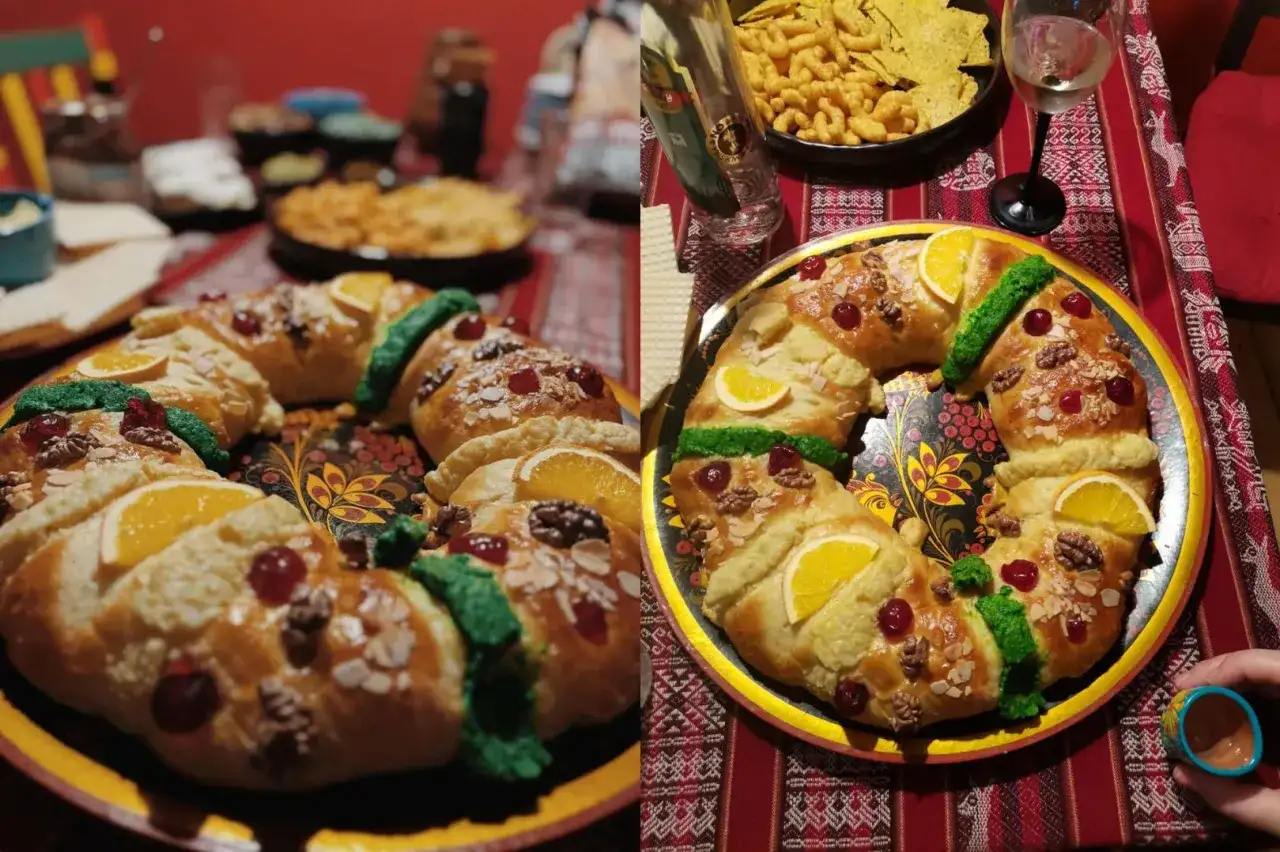 Tradycyjna rosca de reyes, ozdobiona owocami i orzechami, czeka na świętowanie.