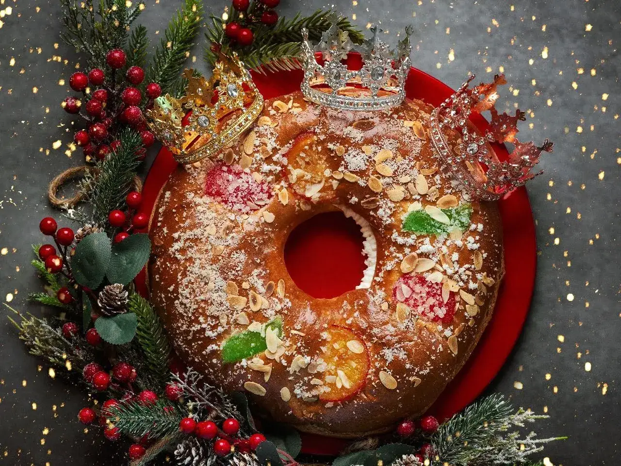 Tradycyjna rosca de reyes ozdobiona owocami kandyzowanymi, migdałami i królewskimi koronami, otoczona świątecznymi gałązkami.