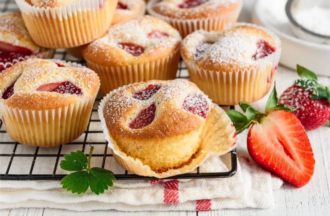 Pyszne muffinki z truskawkami, posypane cukrem pudrem, prezentują się apetycznie na kratce. Obok leżą świeże truskawki.