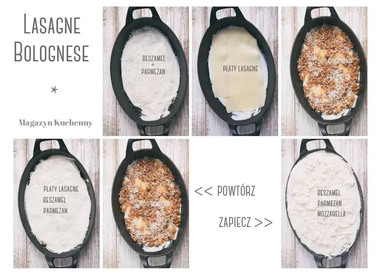 Przepis na lasagne bolognese: warstwy beszamelu, makaronu, sosu i parmezanu. Powtórz i zapiecz.