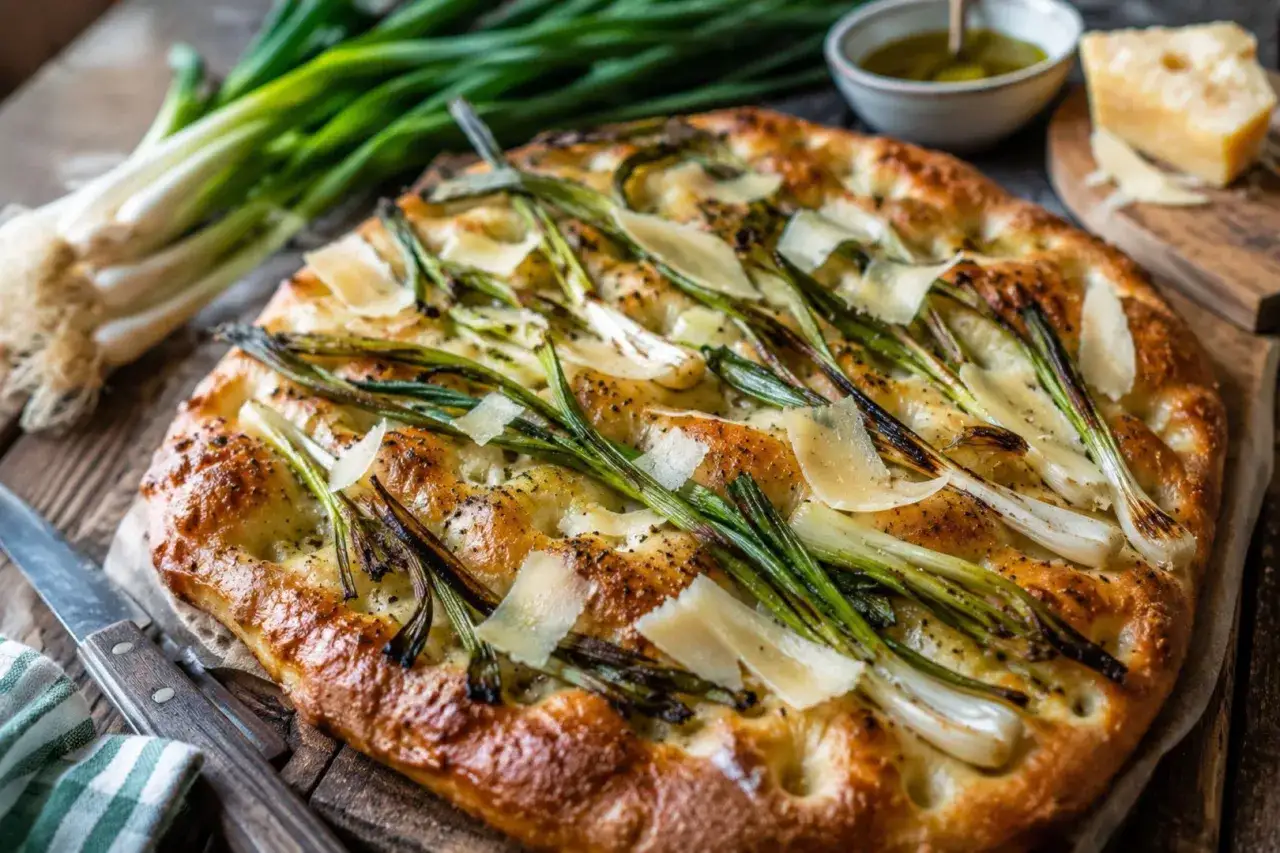 Chrupiąca focaccia z cebulą, posypana płatkami parmezanu, prezentuje się apetycznie na drewnianym blacie.