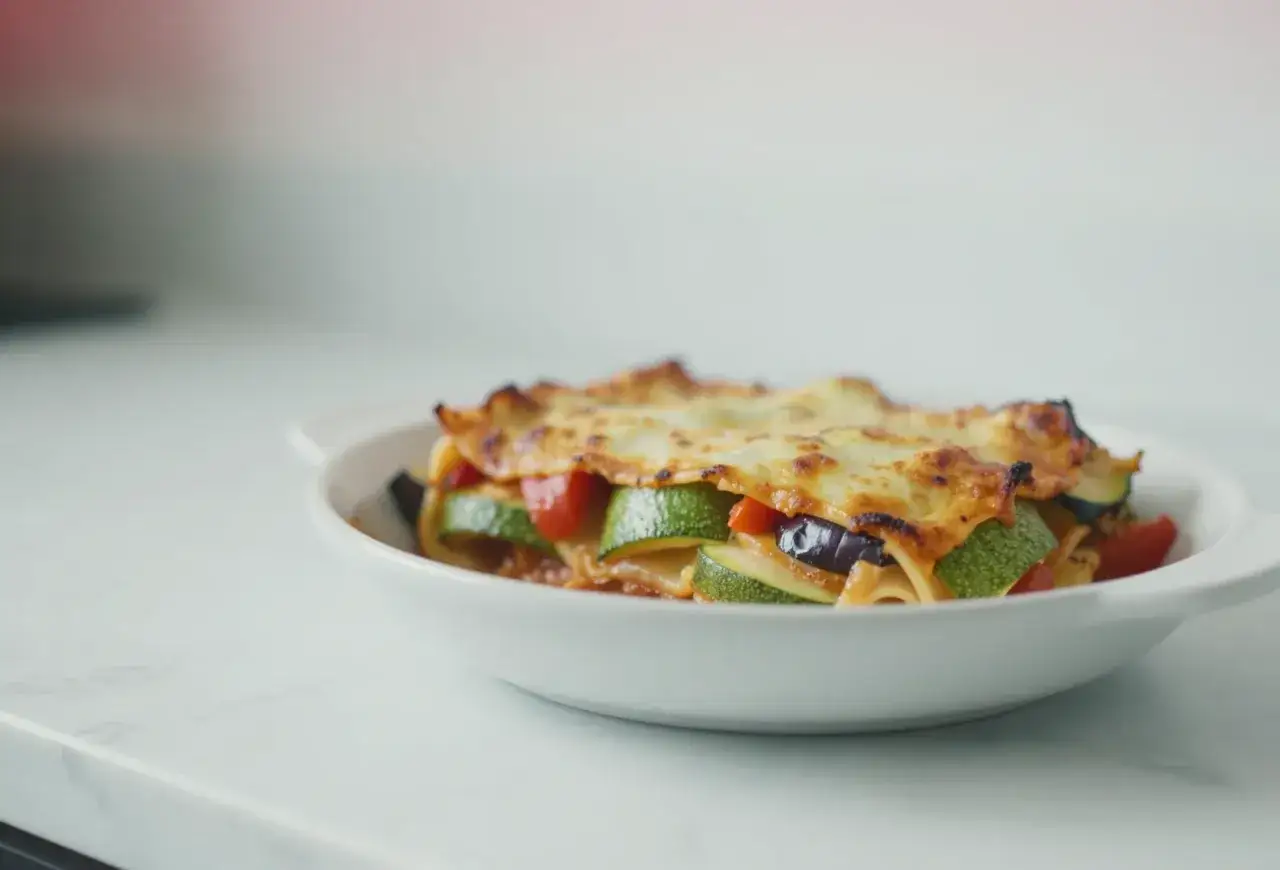 Pyszna lasagne z cukinią i bakłażanem w białej naczyniu, gotowa do podania. Idealna, gdy zastanawiasz się, jak podgrzać lasagne.