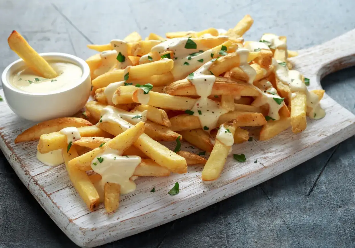 Chrupiące frytki polane kremowym sosem aioli, podane na drewnianej desce. Idealna przekąska dla każdego miłośnika sosów.