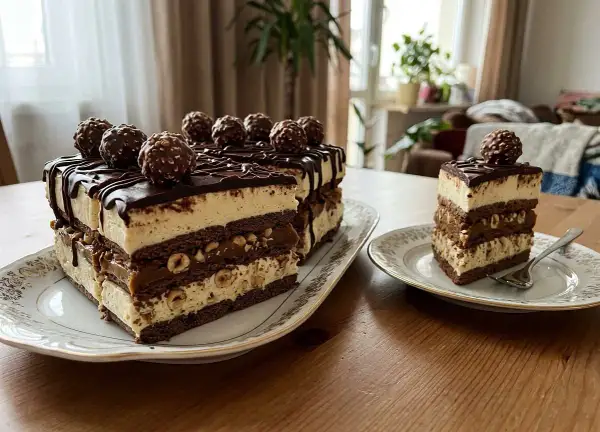 Pyszne, wielowarstwowe ferrero rocher ciasto z orzechami i kremem, ozdobione czekoladą i całymi pralinami.