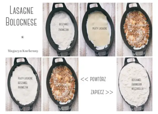 Krok po kroku: lasagne bolognese. Warstwy beszamelu, parmezanu, płatów lasagne i sosu bolognese układane w naczyniu.