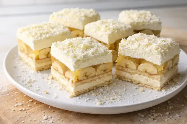Pyszne ciasto z kremem i bananami, udekorowane wiórkami białej czekolady. Idealne na deser!