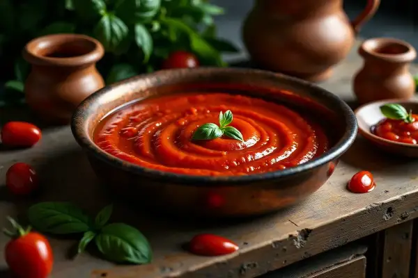 Gęsty, aromatyczny sos do pizzy w misce, ozdobiony listkiem bazylii. Obok świeże pomidorki i gliniane naczynia.